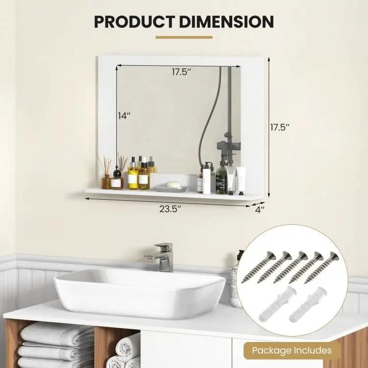 Rectangular Bathroom Wall Mirror with Storage Shelf and White Wood Frame by HomePacific
