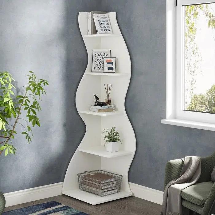 Modern Whimsical 5 Shelf Corner Bookcase Stand White Wood Finish by HomePacific