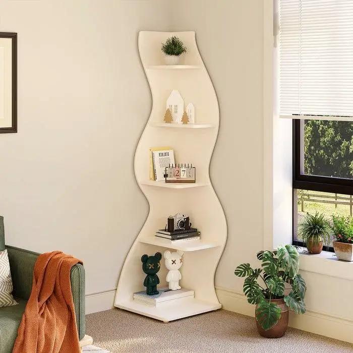 Modern Whimsical 5 Shelf Corner Bookcase Stand White Wood Finish by HomePacific