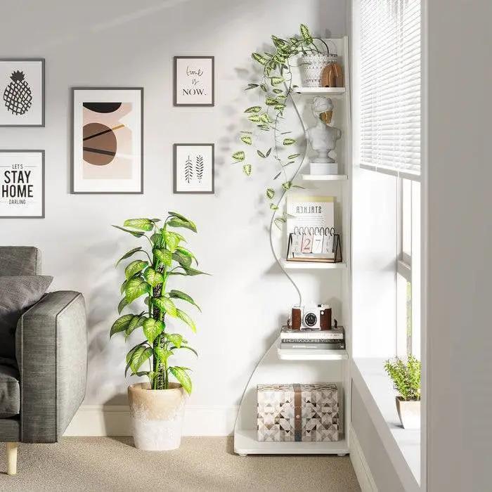Modern Whimsical 5 Shelf Corner Bookcase Stand White Wood Finish by HomePacific