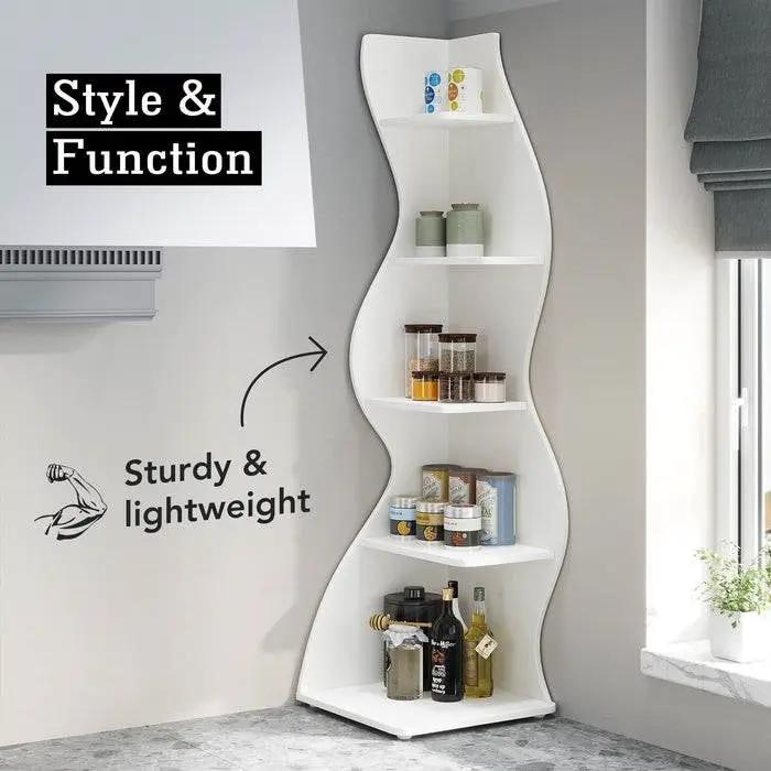 Modern Whimsical 5 Shelf Corner Bookcase Stand White Wood Finish by HomePacific