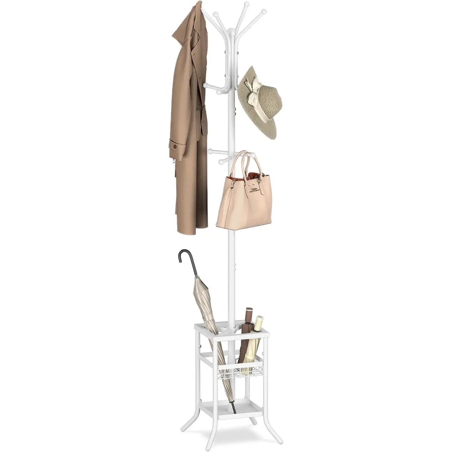 White Metal Coat Rack Entryway Hall Tree with Umbrella Holder by HomePacific