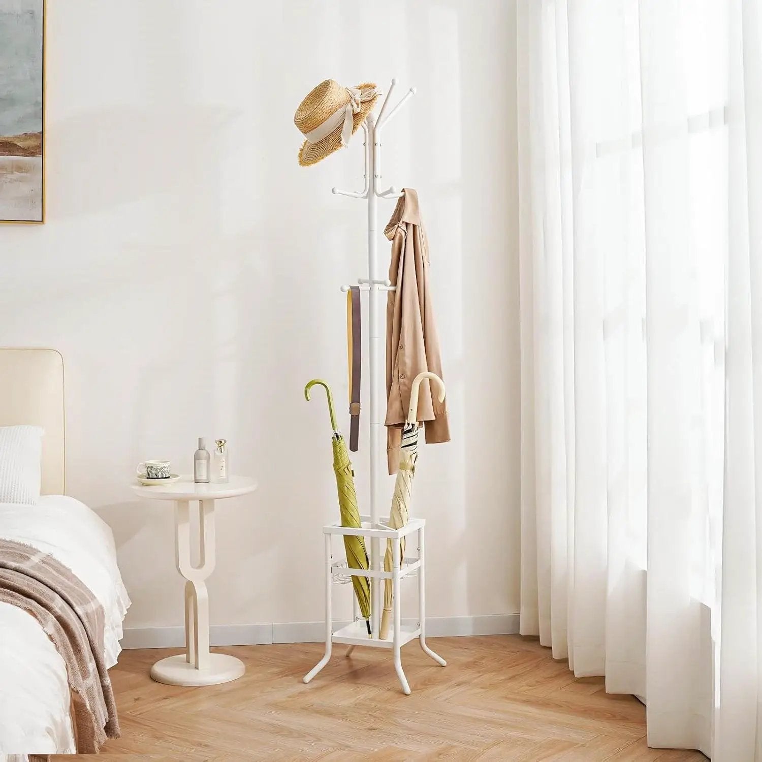 White Metal Coat Rack Entryway Hall Tree with Umbrella Holder by HomePacific