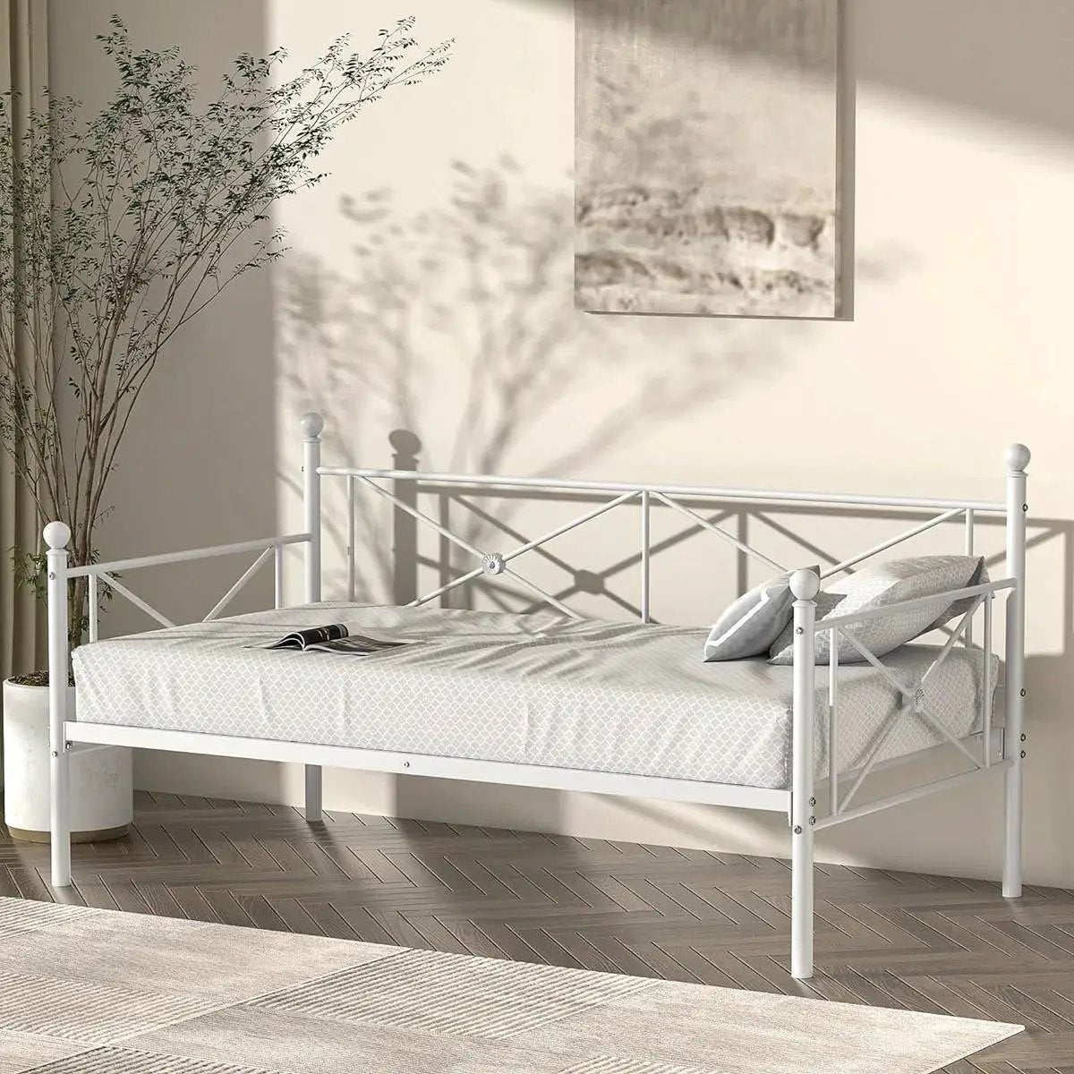 Twin size Heavy Duty Metal Daybed Frame in Classic White Finish by HomePacific