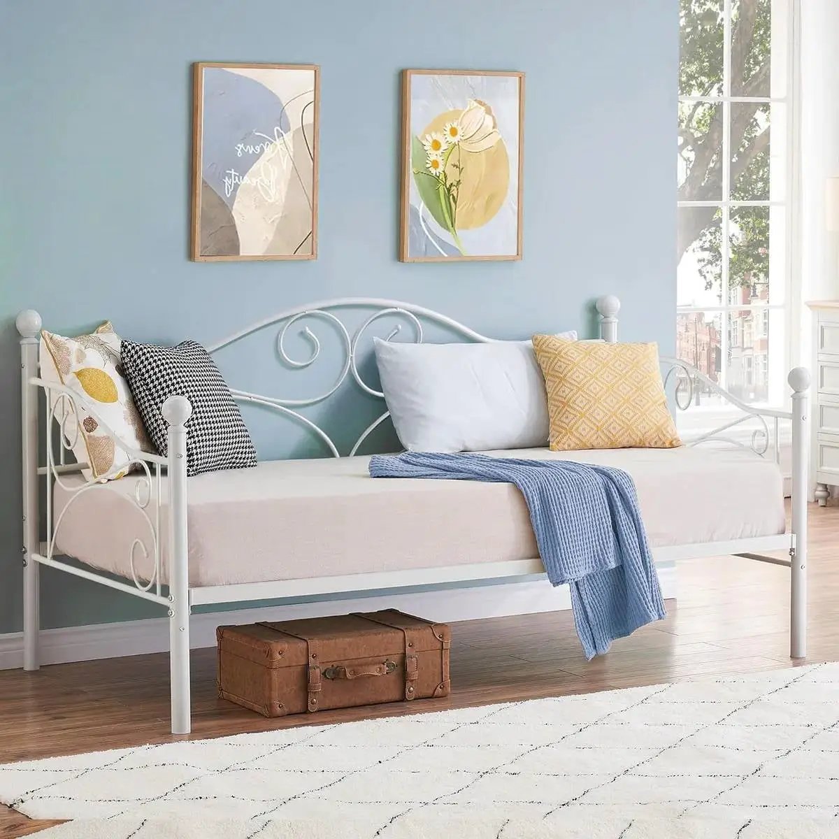 Twin size Classic Heavy Duty Steel Day Bed Frame in White Metal Finish by HomePacific