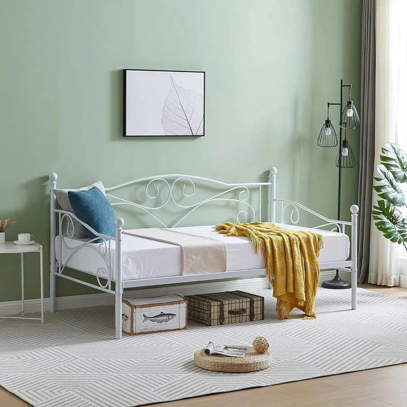 Twin size Classic Heavy Duty Steel Day Bed Frame in White Metal Finish by HomePacific