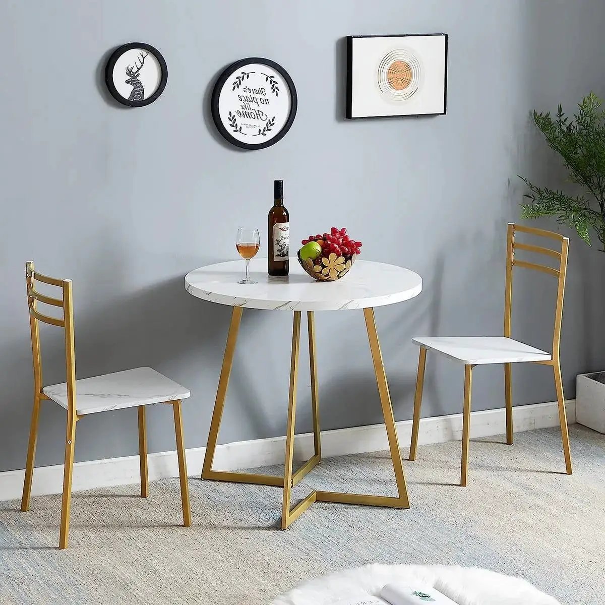 3-Piece Kitchen Dining Set with Round White Faux Marble-Top Table and 2 Chairs by HomePacific