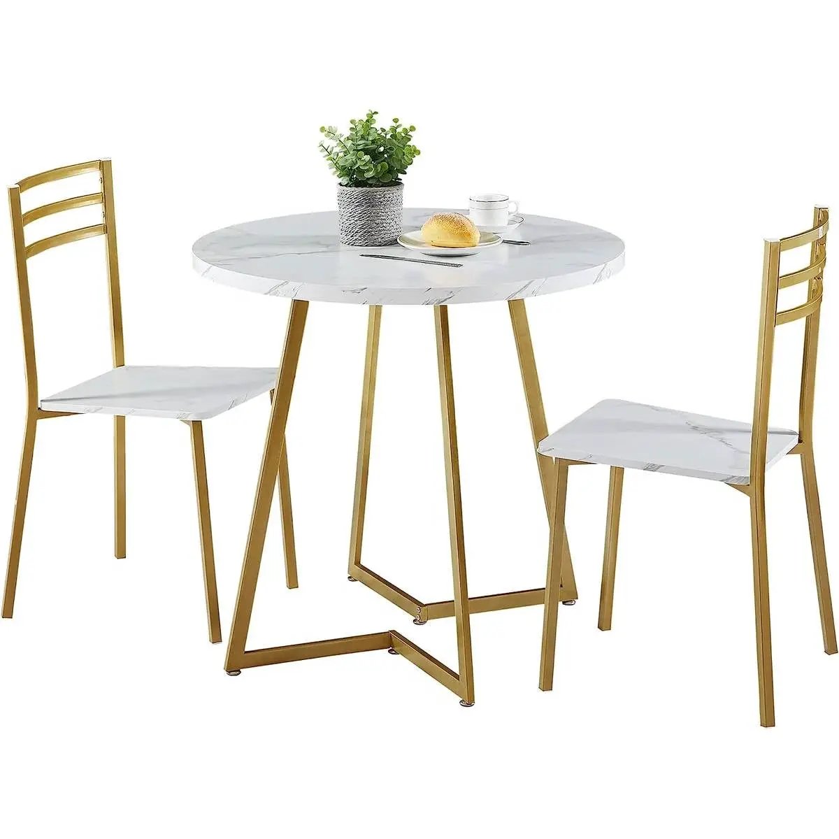 3-Piece Kitchen Dining Set with Round White Faux Marble-Top Table and 2 Chairs by HomePacific