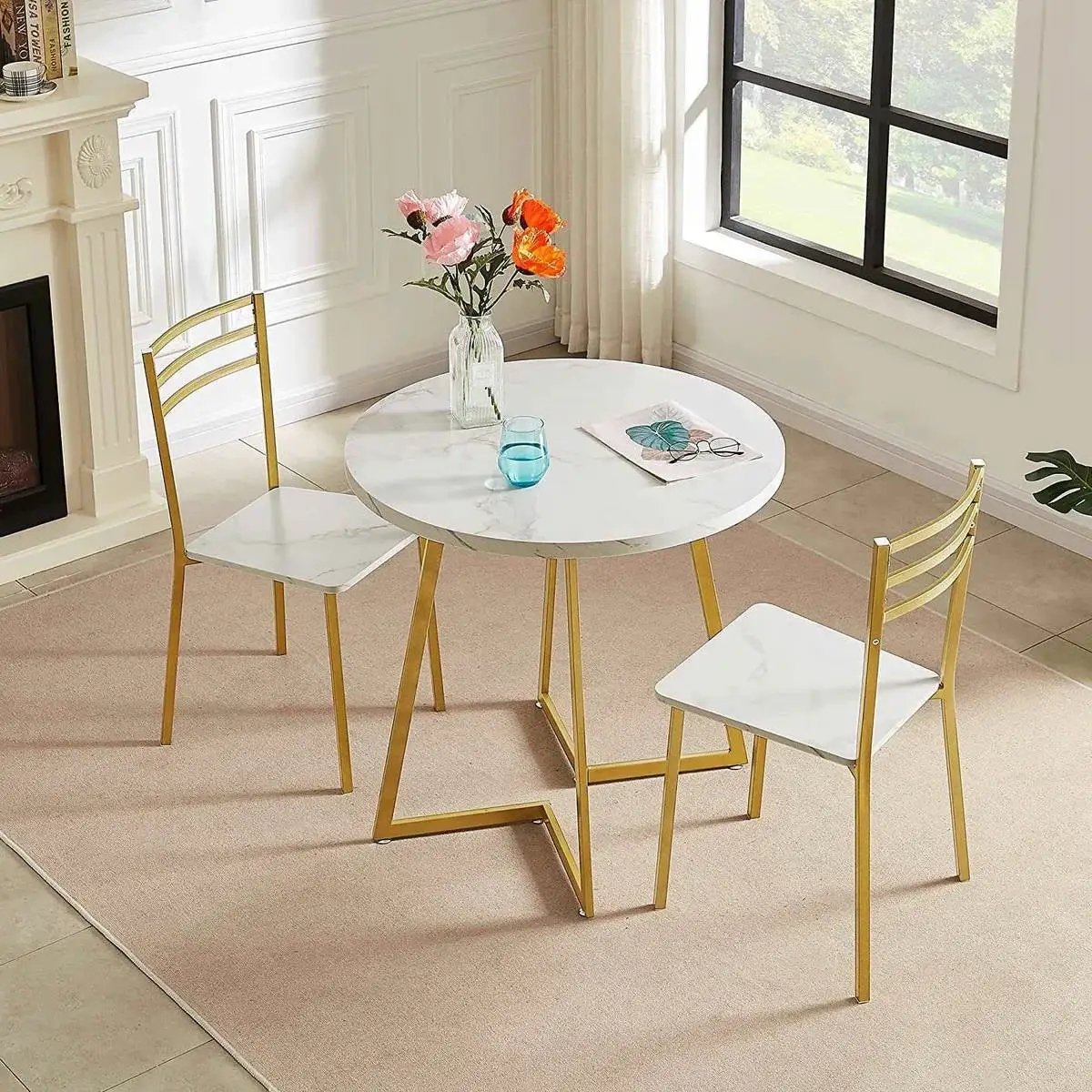 3-Piece Kitchen Dining Set with Round White Faux Marble-Top Table and 2 Chairs by HomePacific