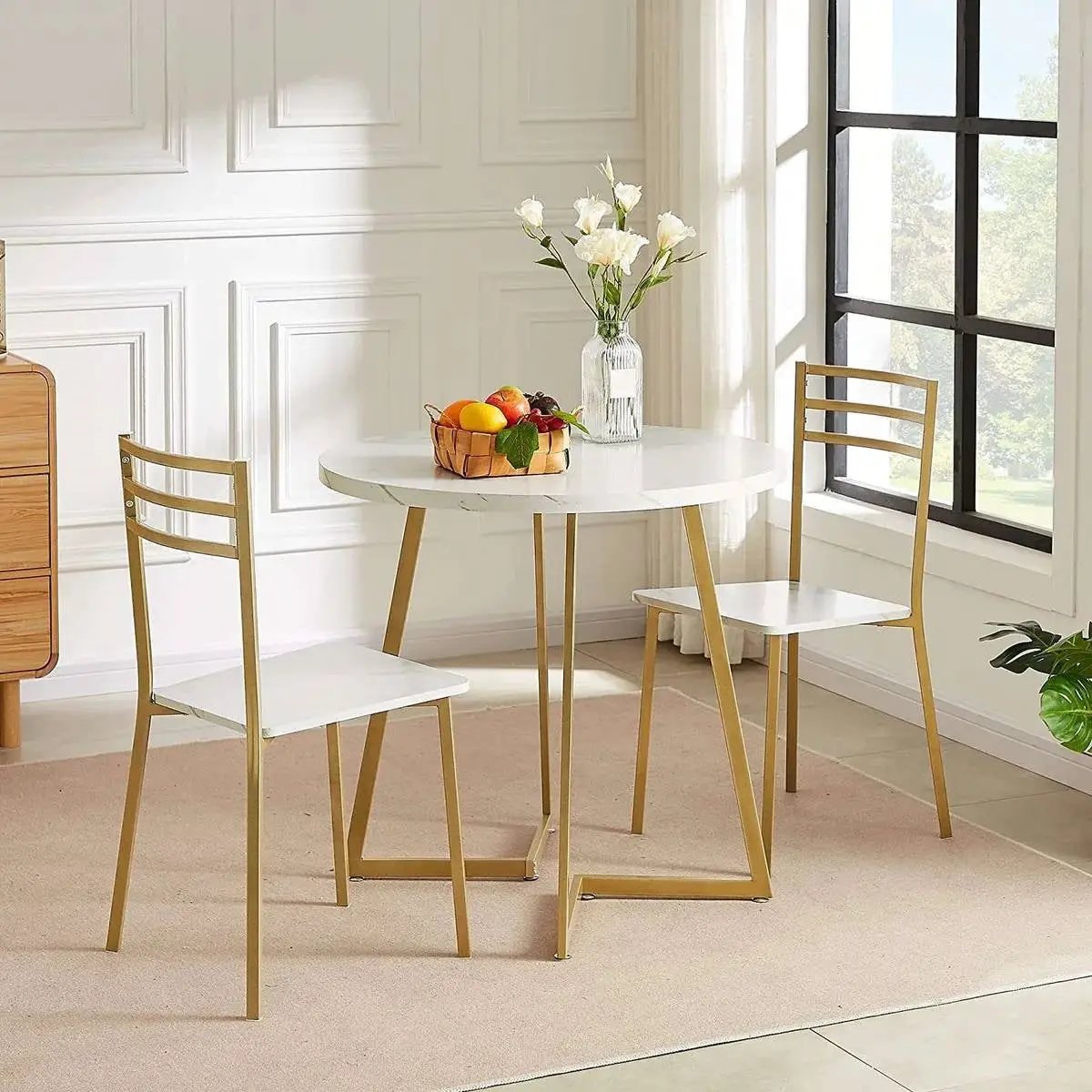 3-Piece Kitchen Dining Set with Round White Faux Marble-Top Table and 2 Chairs by HomePacific