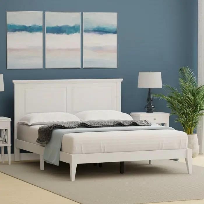 Queen Traditional Solid Oak Wooden Platform Bed Frame with Headboard in White by HomePacific