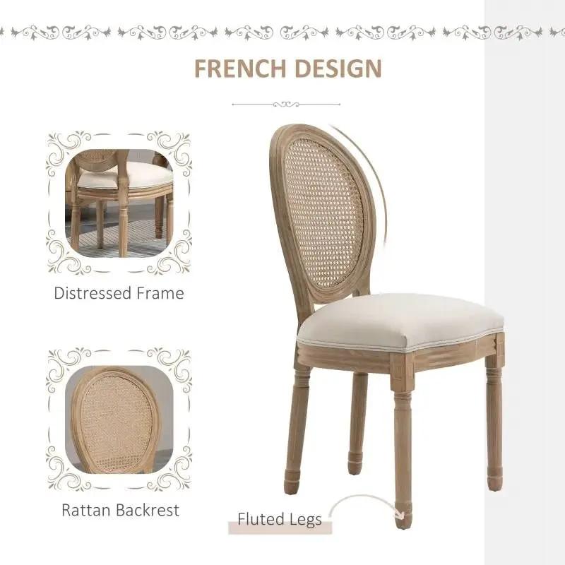 Set of 2 Vintage Upholstered Armless Rattan Back Dining Chairs Beige White by HomePacific