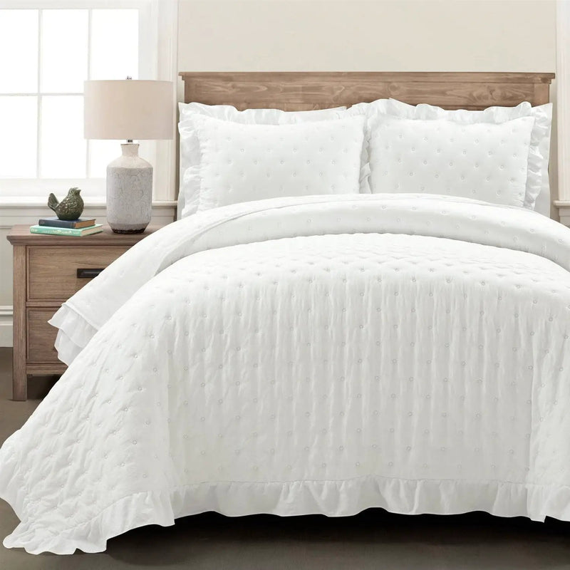 King Size Lightweight White Ruffle Reversible Oversized 3 Piece Quilt Set by HomePacific