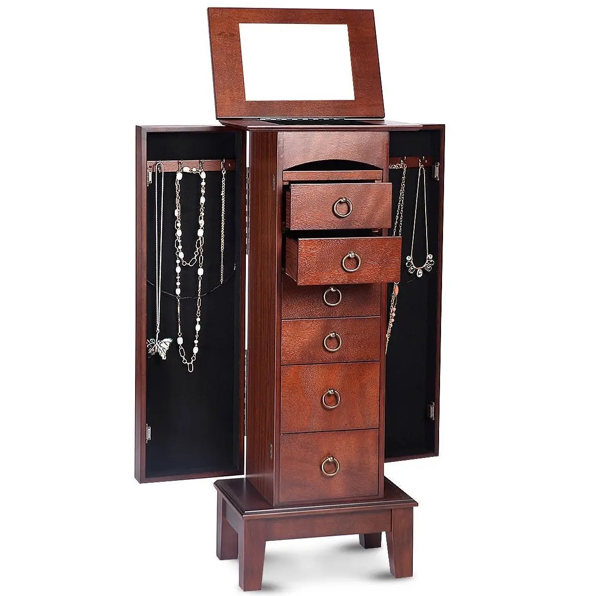 Medium Brown Wood Jewlery Armoire Storage Chest Cabinet with Mirror by HomePacific
