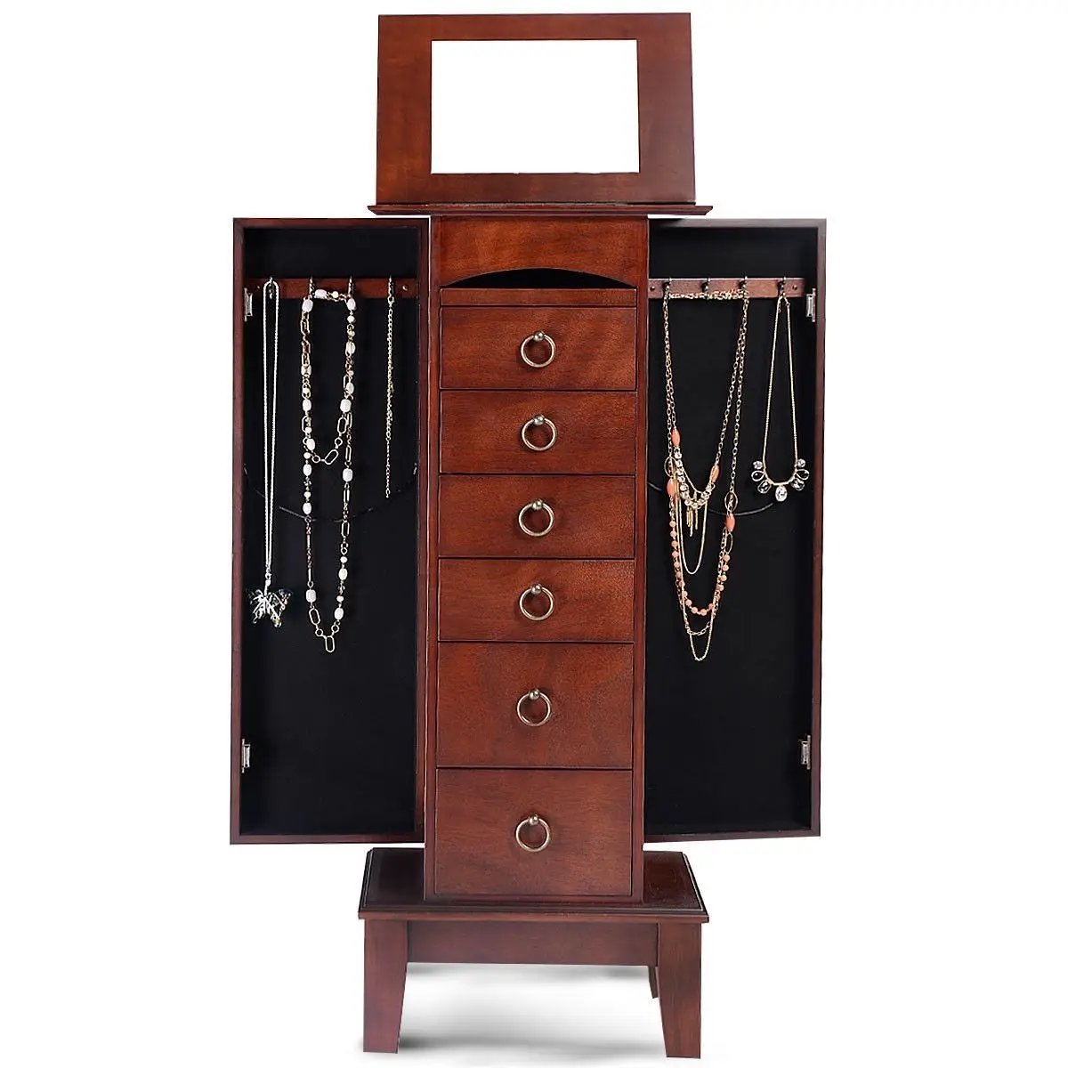 Medium Brown Wood Jewlery Armoire Storage Chest Cabinet with Mirror by HomePacific
