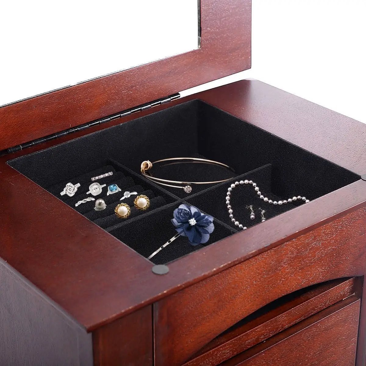 Medium Brown Wood Jewlery Armoire Storage Chest Cabinet with Mirror by HomePacific