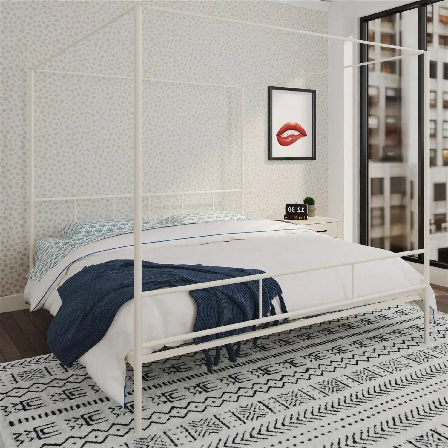 King size Modern Metal Canopy Bed Frame with Headboard and Footboard in White by HomePacific