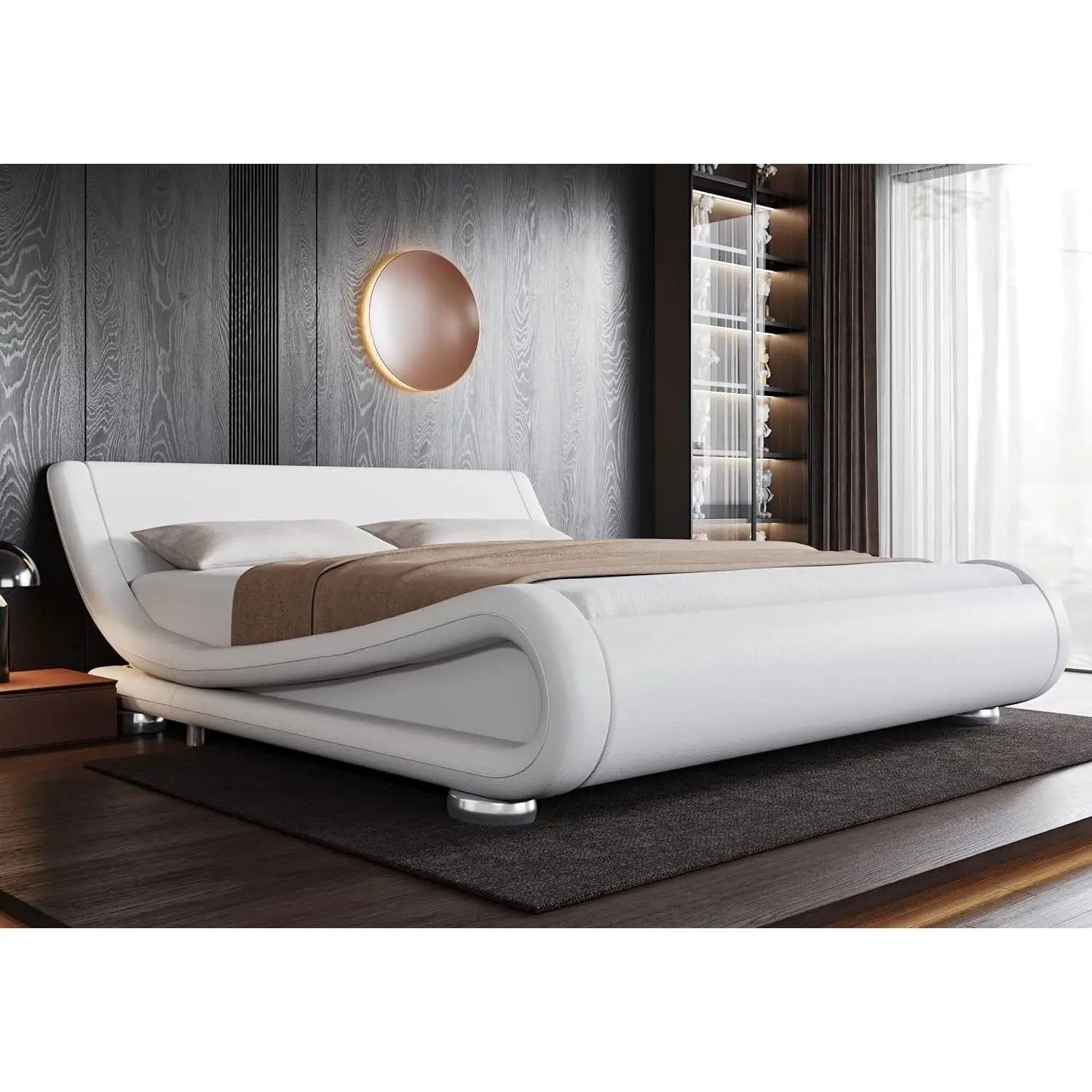 King Modern White Upholstered Platform Bed Frame with Sleigh Curved Headboard by HomePacific