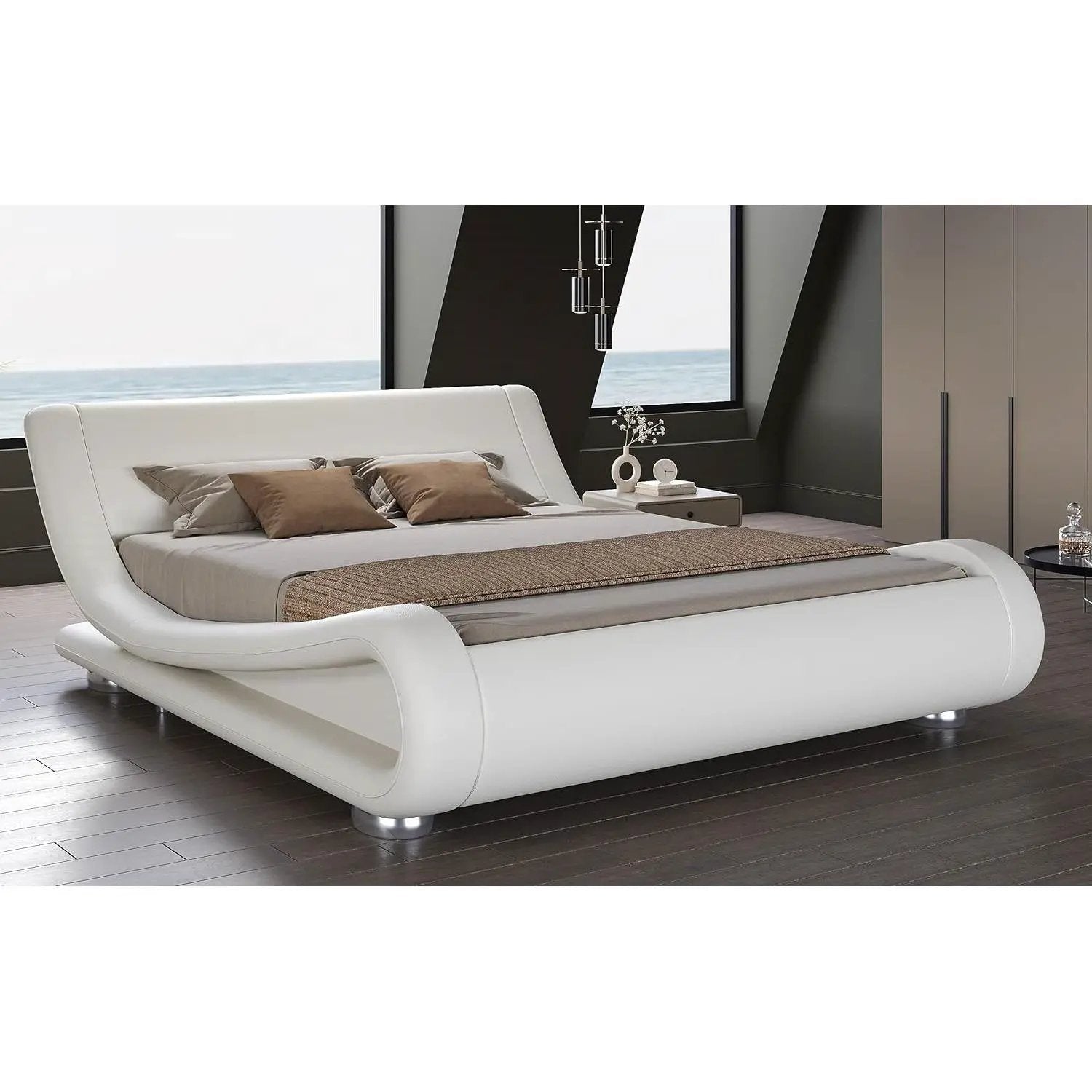 King Modern White Upholstered Platform Bed Frame with Sleigh Curved Headboard by HomePacific