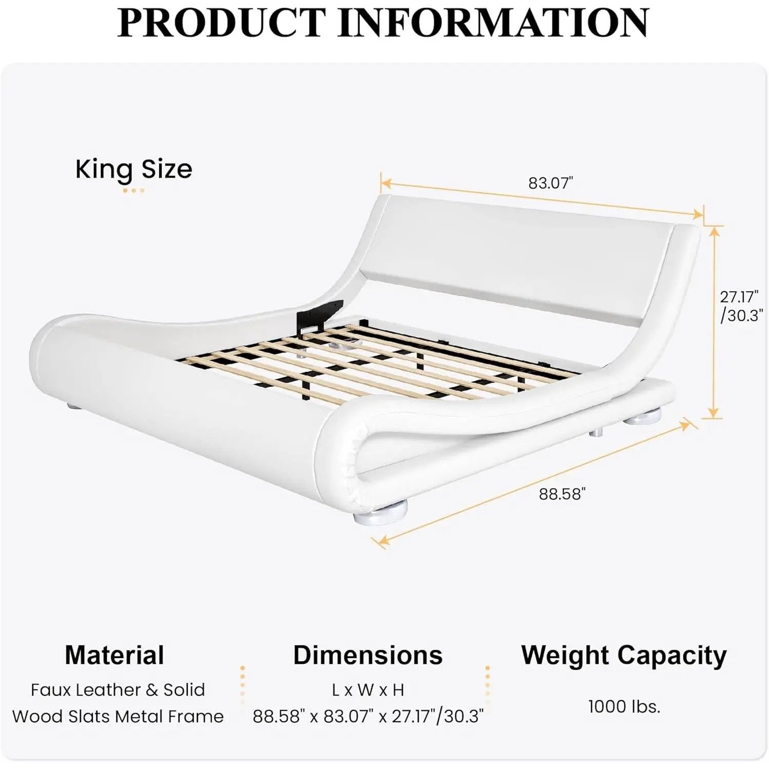 King Modern White Upholstered Platform Bed Frame with Sleigh Curved Headboard by HomePacific