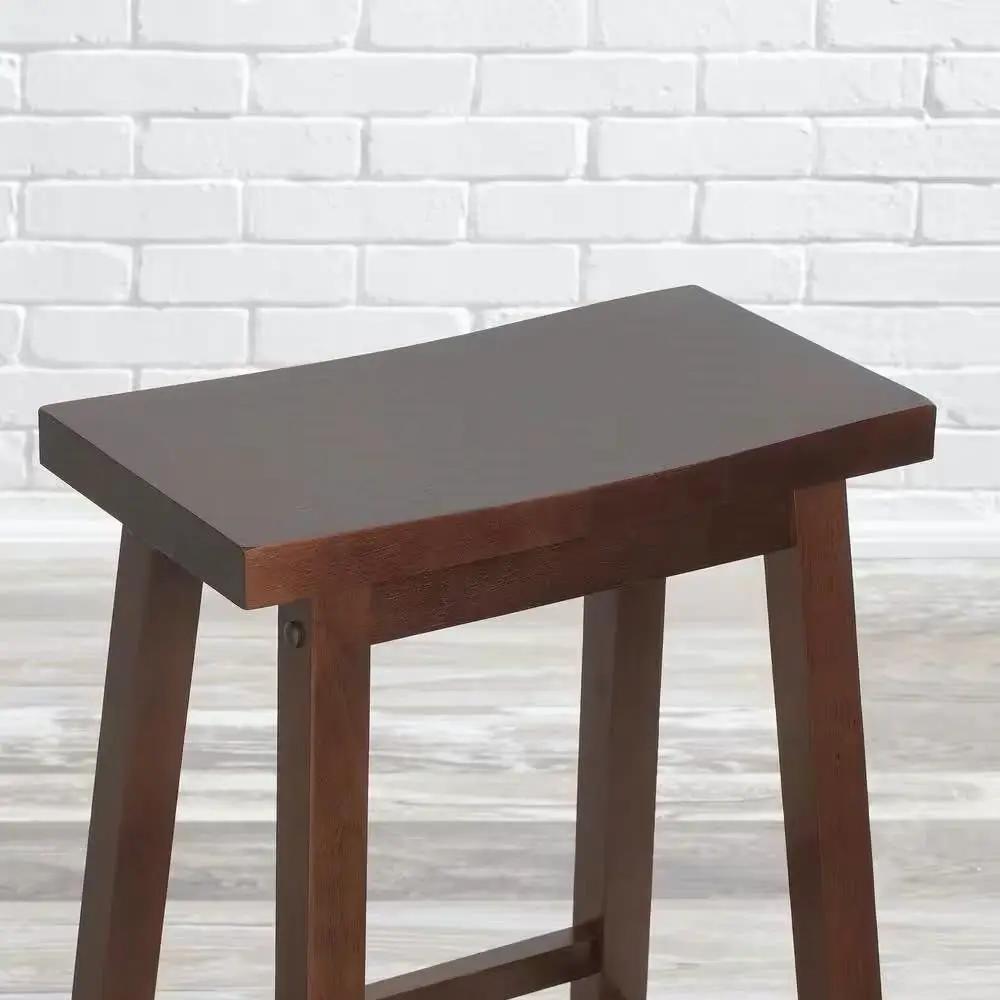 Set of 2 Farmhouse Bar Height Saddle Seat Barstools in Brown Walnut Wood Finish by HomePacific