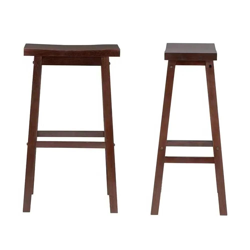 Set of 2 Farmhouse Bar Height Saddle Seat Barstools in Brown Walnut Wood Finish by HomePacific