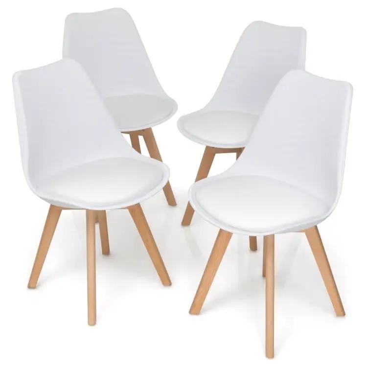 Set of 4 Modern Mid-Century Style White PU Leather Dining Chairs with Wood Legs by HomePacific