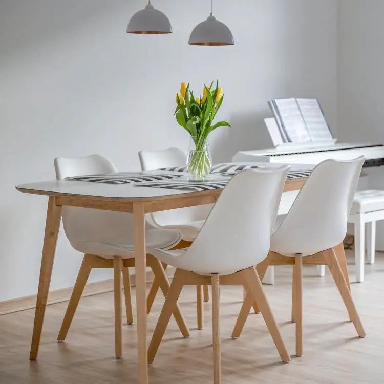 Set of 4 Modern Mid-Century Style White PU Leather Dining Chairs with Wood Legs by HomePacific