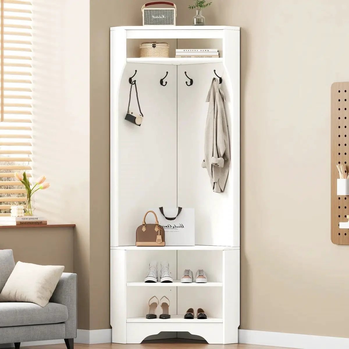 Modern White Corner Hall Tree Coat Rack Entryway Storage Cabinet Shoe Bench by HomePacific