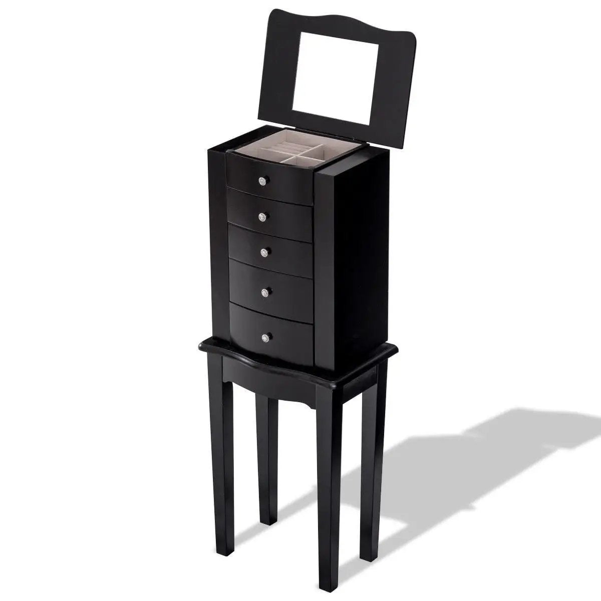Black Wood 5-Drawer Jewelry Chest Storage Chest Cabinet with Mirror by HomePacific