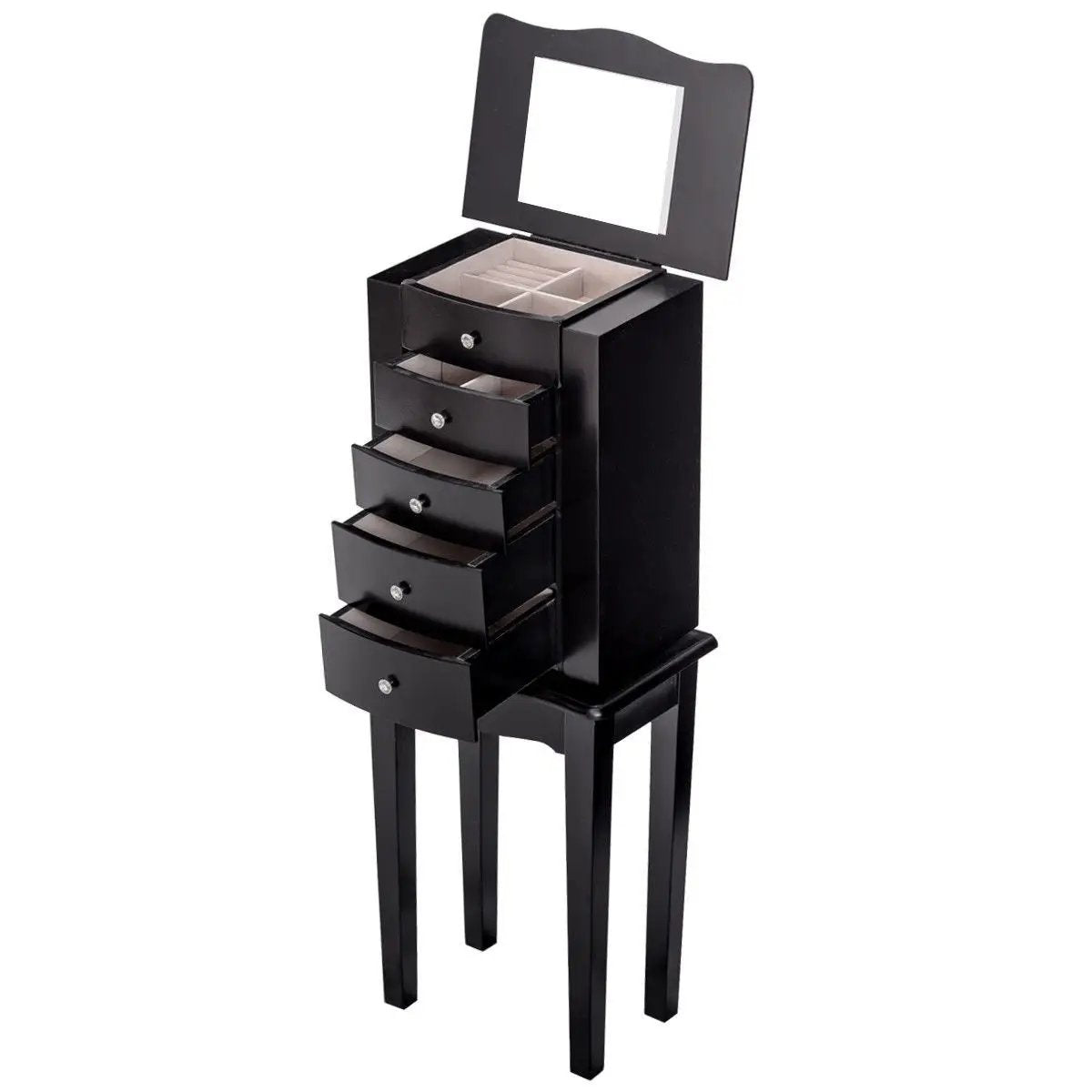Black Wood 5-Drawer Jewelry Chest Storage Chest Cabinet with Mirror by HomePacific