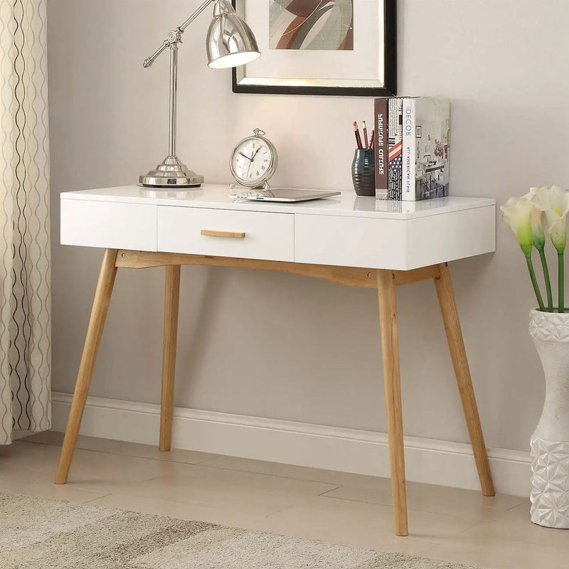 Modern Laptop Writing Desk in White with Natural Mid-Century Style Legs by HomePacific