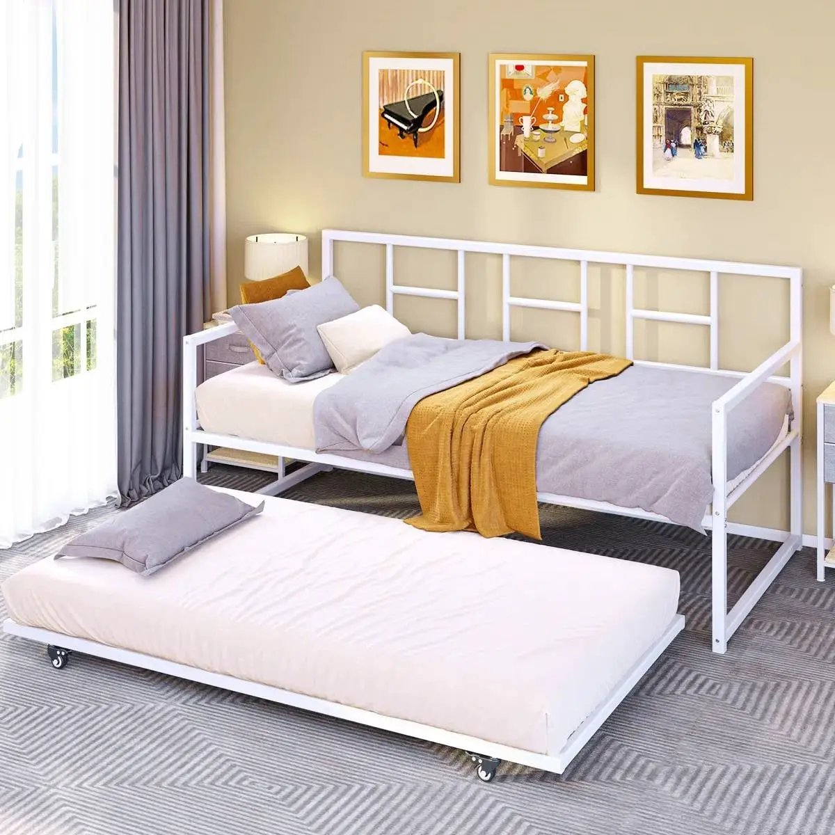 Twin size White Metal Daybed Frame with Roll Out Trundle Bed Frame by HomePacific