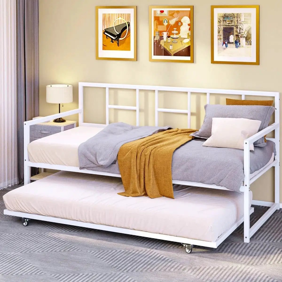 Twin size White Metal Daybed Frame with Roll Out Trundle Bed Frame by HomePacific