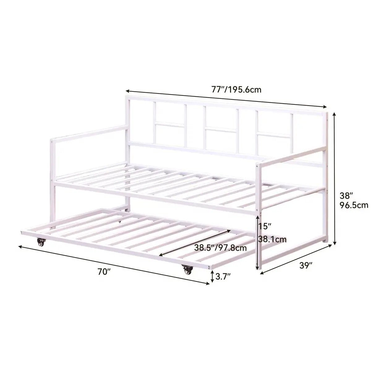 Twin size White Metal Daybed Frame with Roll Out Trundle Bed Frame by HomePacific