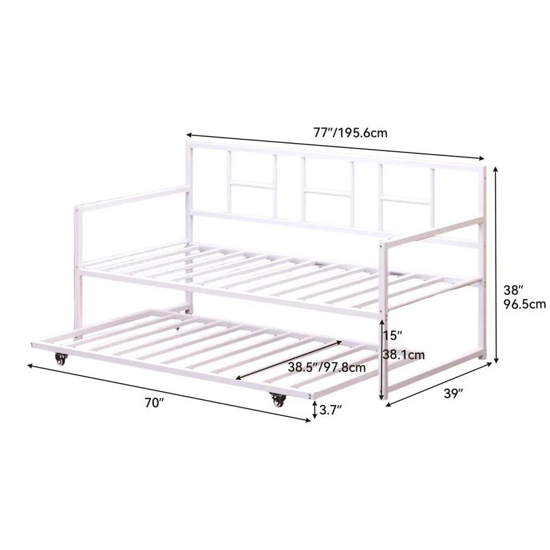 Twin size White Metal Daybed Frame with Roll Out Trundle Bed Frame by HomePacific