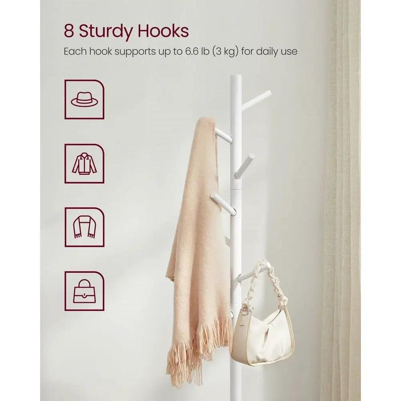 Sturdy Solid Wood Coat Rack in White Finish with 8 Hooks by HomePacific