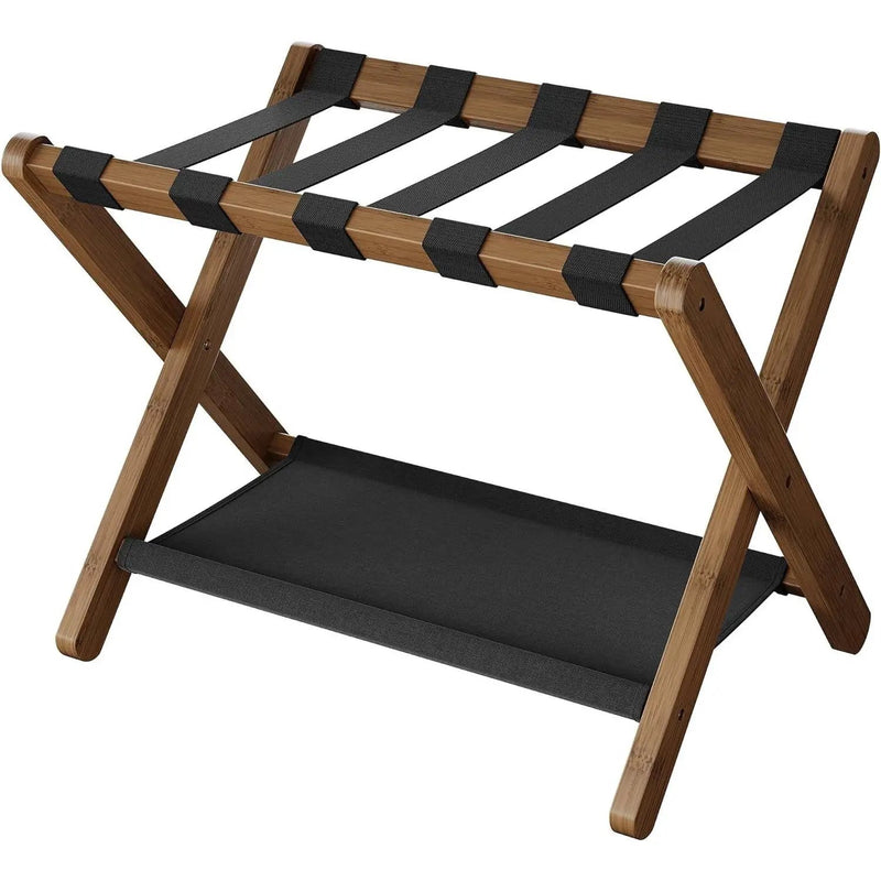 Sturdy Luggage Rack in Walnut Wood Finish with Lower Storage Shelf by HomePacific