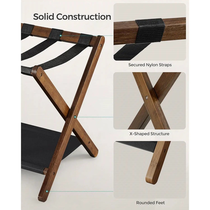 Sturdy Luggage Rack in Walnut Wood Finish with Lower Storage Shelf by HomePacific