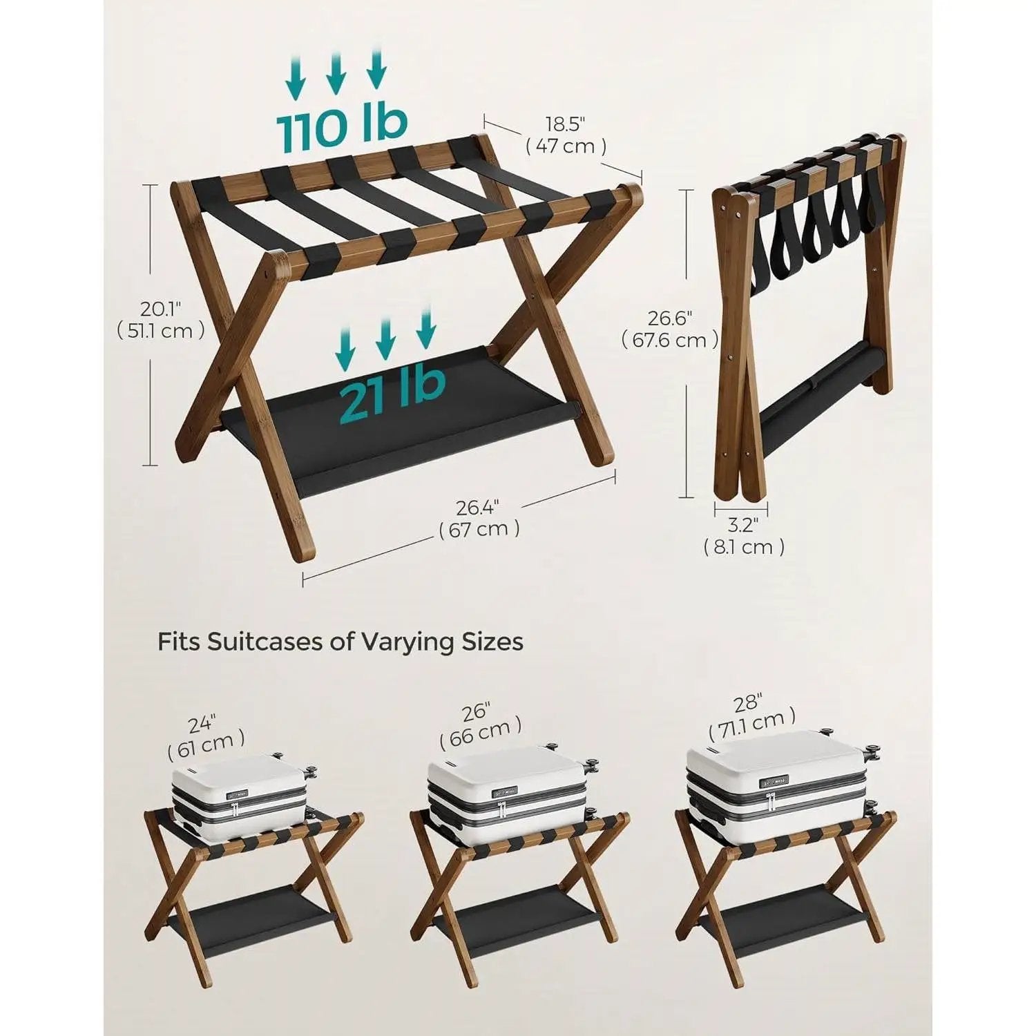 Sturdy Luggage Rack in Walnut Wood Finish with Lower Storage Shelf by HomePacific