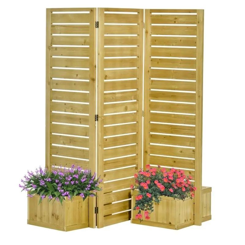 3 Panel Fir Wood Outdoor Privacy Screen with 4 Garden Bed Planters by HomePacific