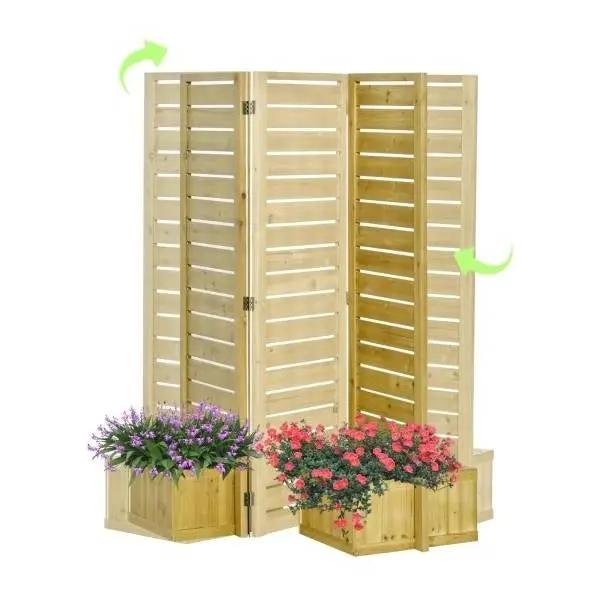 3 Panel Fir Wood Outdoor Privacy Screen with 4 Garden Bed Planters by HomePacific