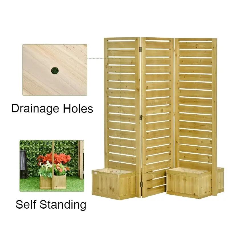 3 Panel Fir Wood Outdoor Privacy Screen with 4 Garden Bed Planters by HomePacific