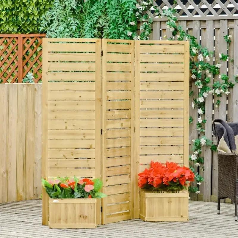 3 Panel Fir Wood Outdoor Privacy Screen with 4 Garden Bed Planters by HomePacific