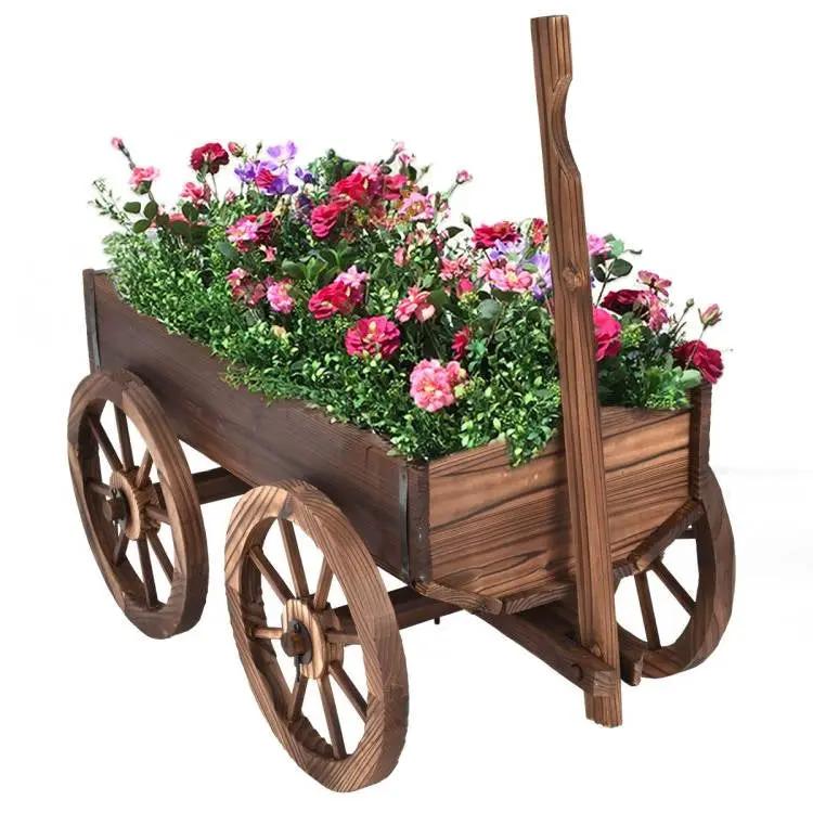 Outdoor Garden Fir Wood Barrel Planter Wagon on Wooden Wheels by HomePacific