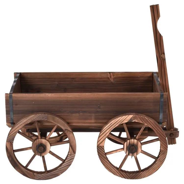 Outdoor Garden Fir Wood Barrel Planter Wagon on Wooden Wheels by HomePacific