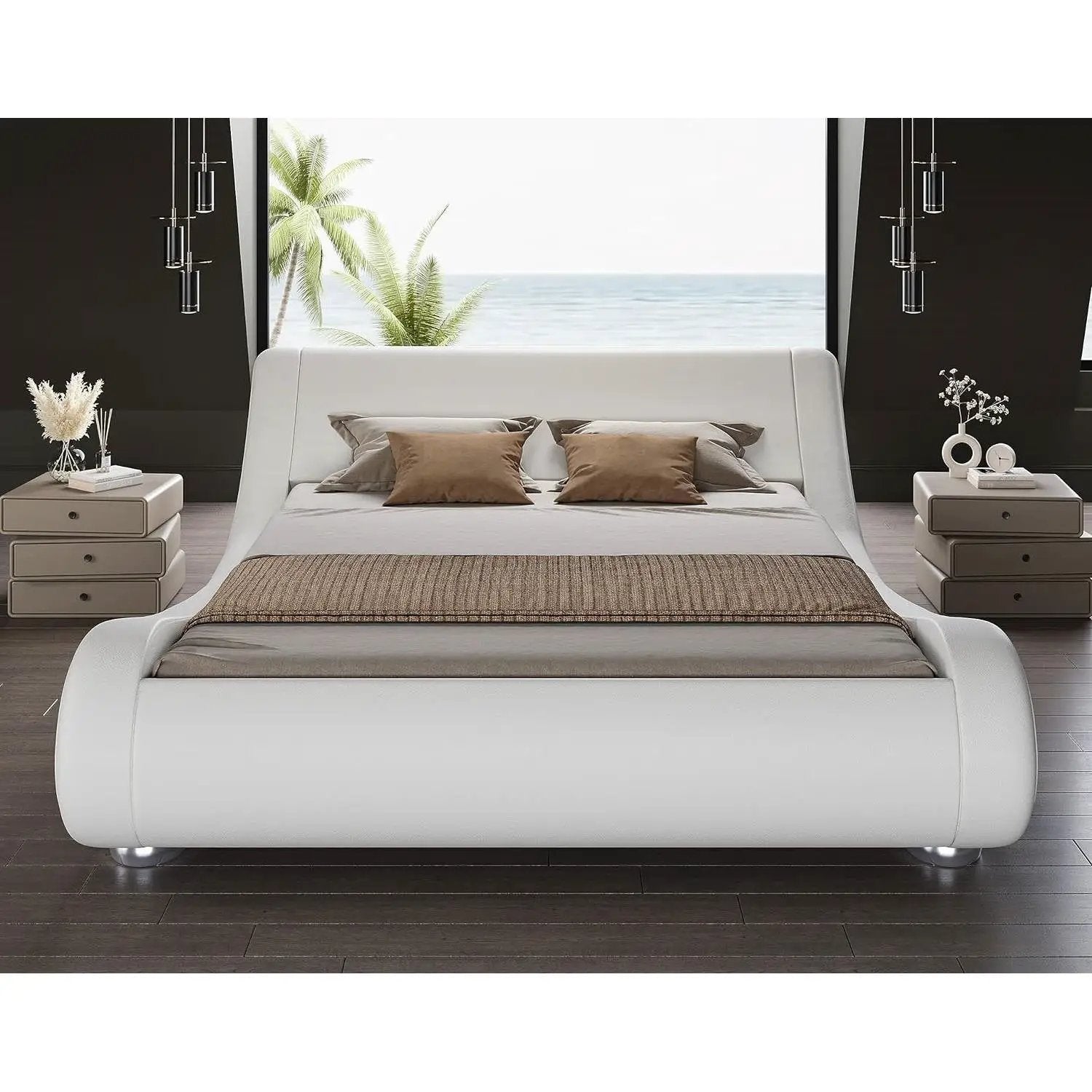 Queen Modern White Upholstered Platform Bed Frame with Sleigh Curved Headboard by HomePacific