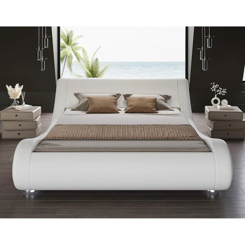 Queen Modern White Upholstered Platform Bed Frame with Sleigh Curved Headboard by HomePacific