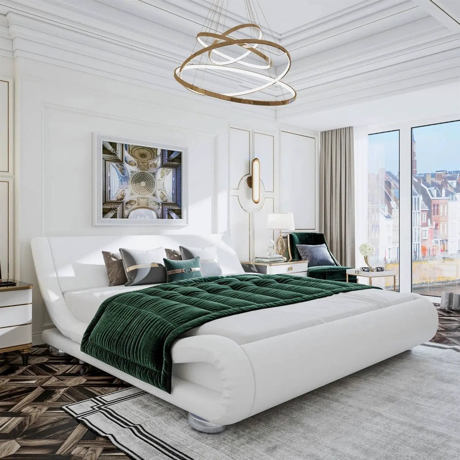 Queen Modern White Upholstered Platform Bed Frame with Sleigh Curved Headboard by HomePacific