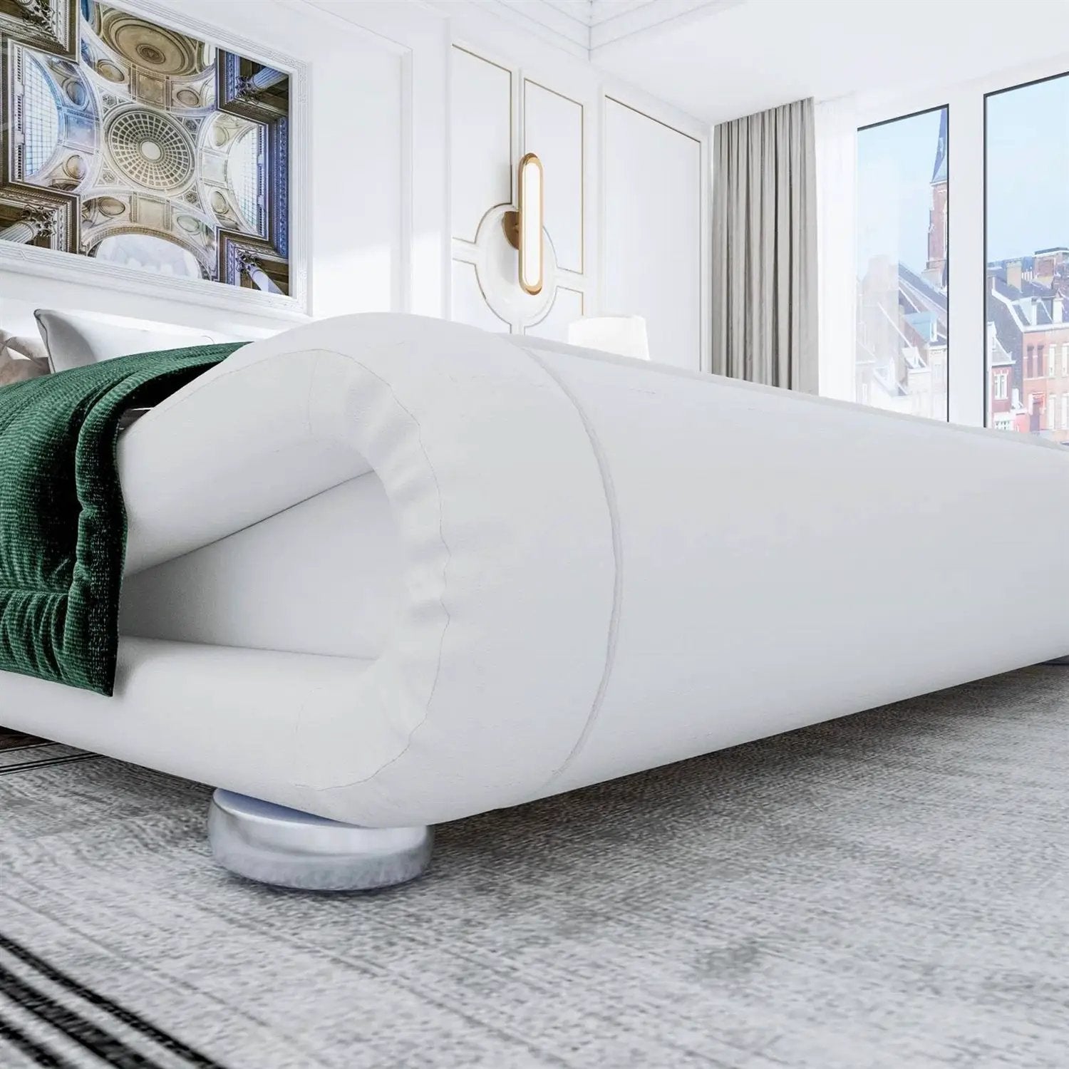 Queen Modern White Upholstered Platform Bed Frame with Sleigh Curved Headboard by HomePacific